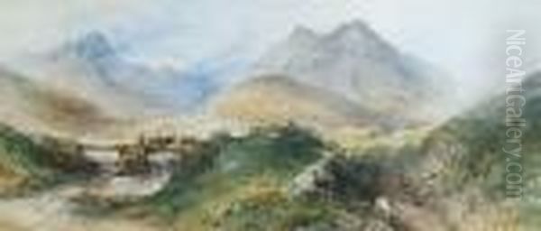 Figures And Sheep In A Mountainous Landscape Oil Painting by Thomas Colman Dibdin