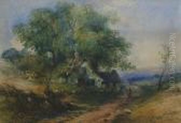 Figures On A Rural Track Beside A Cottage Oil Painting by Thomas Colman Dibdin