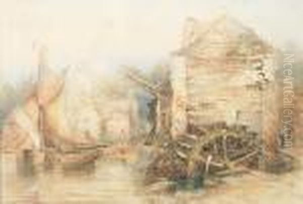 A Ferryboat By A Watermill Oil Painting by Thomas Colman Dibdin