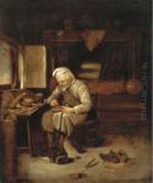 A Cobbler In His Workshop Oil Painting by Martin Dichtl