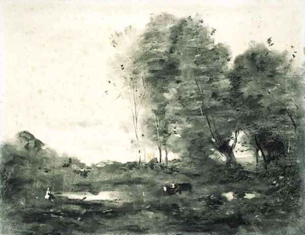 An extensive wooded landscape with cows Oil Painting by Jean-Baptiste-Camille Corot