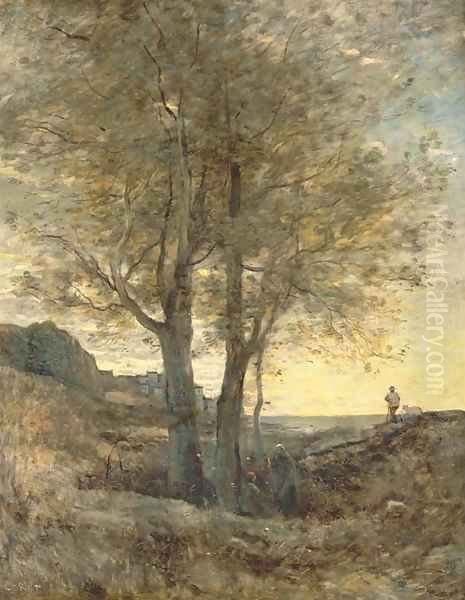 Berger dans une gorge au bord de la mer Oil Painting by Jean-Baptiste-Camille Corot