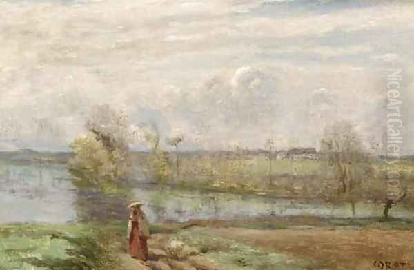 Jeune fille lisant au bord de l'eau Oil Painting by Jean-Baptiste-Camille Corot