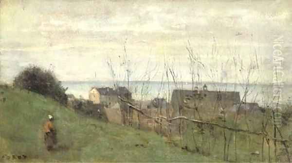 Le Treport, maison dominant la mer Oil Painting by Jean-Baptiste-Camille Corot