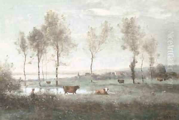 Paturage dans les marais (Souvenir des environs d'Amiens) Oil Painting by Jean-Baptiste-Camille Corot