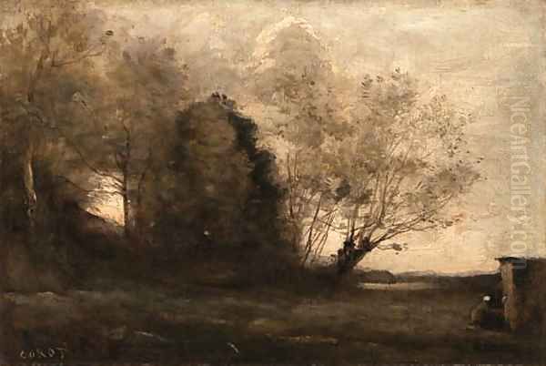 Paysanne filant prs d'une cabane Oil Painting by Jean-Baptiste-Camille Corot