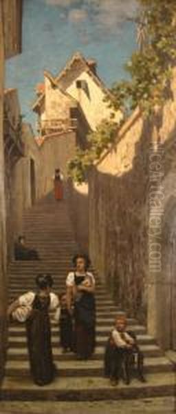 Figures On Staircase Oil Painting by Jules Didier