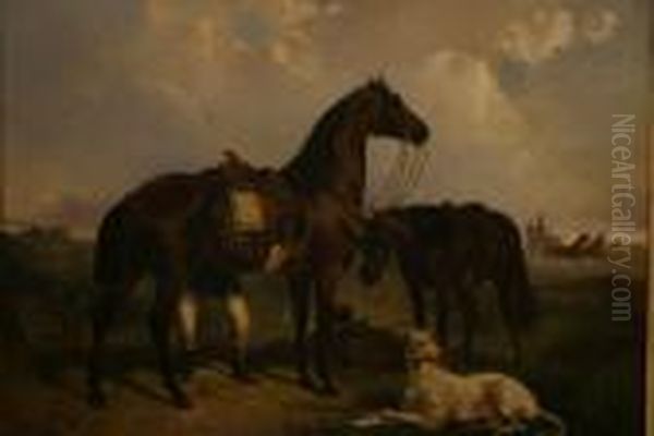 Rider With Two Bay Horses And Hound Oil Painting by Jules Didier