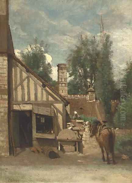 Cour d'une petite ferme Normande Oil Painting by Jean-Baptiste-Camille Corot