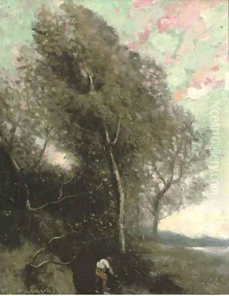 Figure in a wooded landscape Oil Painting by Jean-Baptiste-Camille Corot