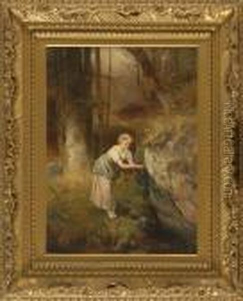 Young Woman At A Mountain Spring Oil Painting by Anton Dieffenbach