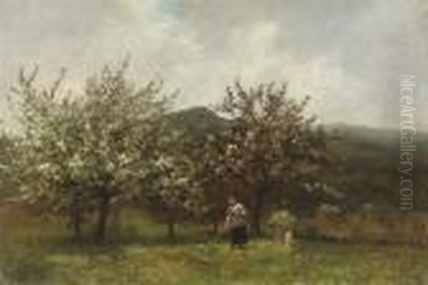 In A Flowering Orchard Oil Painting by Anton Dieffenbach