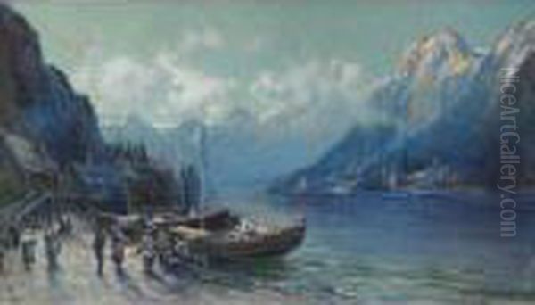 Fishermen In A Fjord Oil Painting by Arthur Vidal Diehl