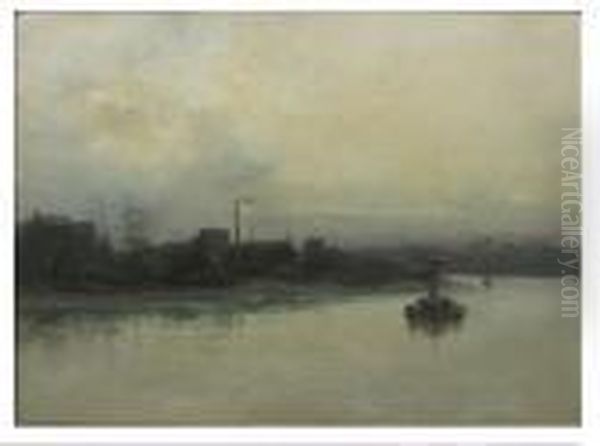 Misty Harbor With Boats And Smoke Stacks Oil Painting by Arthur Vidal Diehl