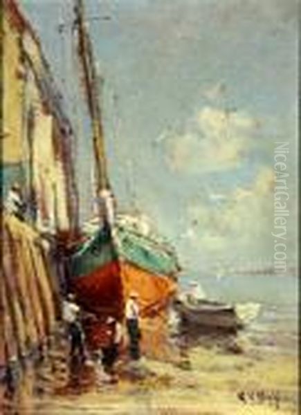 Untitled (packet At Wharf) Oil Painting by Arthur Vidal Diehl