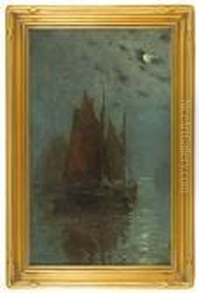 Boats Anchored Under Moonlight Oil Painting by Arthur Vidal Diehl