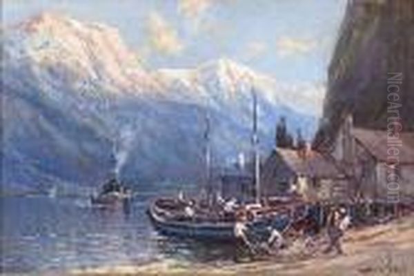 European Harbor Scene Oil Painting by Arthur Vidal Diehl