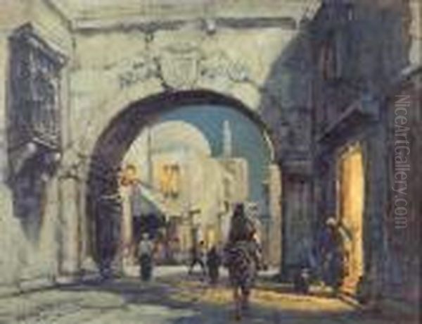 Arab Street Scene At Duskwith Archway And Figures Oil Painting by Arthur Vidal Diehl