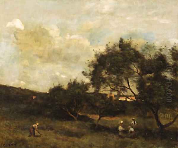 Paysans en vue d'un village (Peasants within sight of a Village) Oil Painting by Jean-Baptiste-Camille Corot