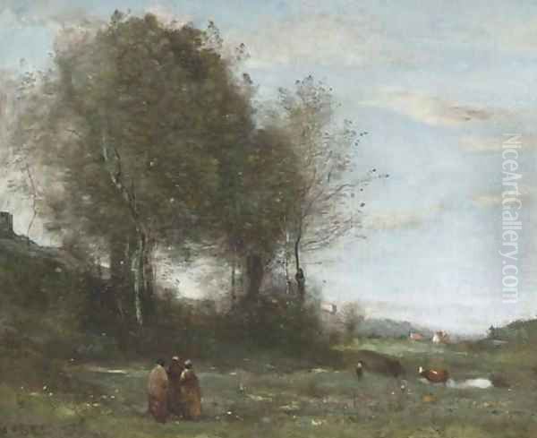 Trois paysannes dans un pre, souvenir de Bretagne Oil Painting by Jean-Baptiste-Camille Corot