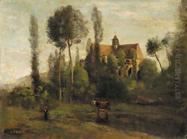 L'eglise d'Essommes, pres Chateau-Thierry Oil Painting by Jean-Baptiste-Camille Corot