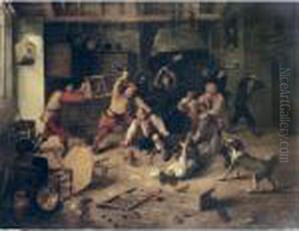 Peasants Brawling In A Tavern Interior Oil Painting by Abraham Diepraam