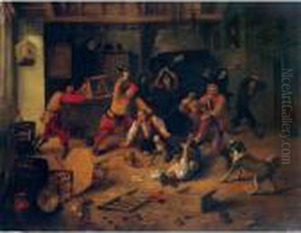 Peasants Brawling In An Inn Oil Painting by Abraham Diepraam