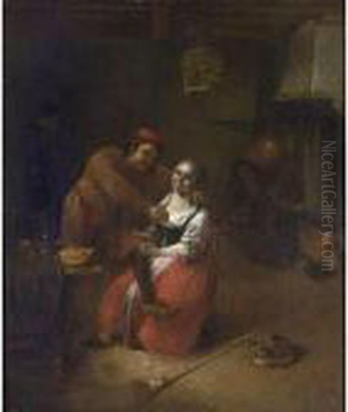 An Amorous Couple In An Inn, 
With A Woman By A Fireplace In The Background, A Broom And A Cat In 
Front Oil Painting by Abraham Diepraam