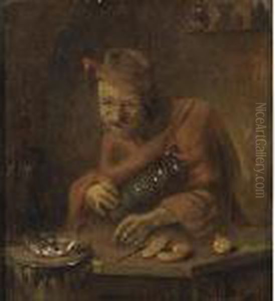 A Man Drinking And Eating Herring Oil Painting by Abraham Diepraam