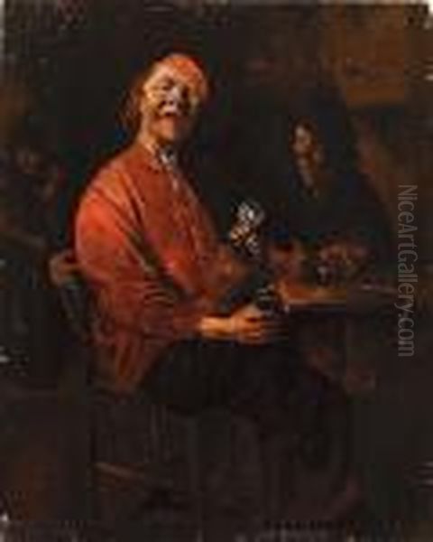 Two Peasants Drinking And 
Smoking At A Table In A Tavern, Another Figure With A Staff In The 
Background by Abraham Diepraam