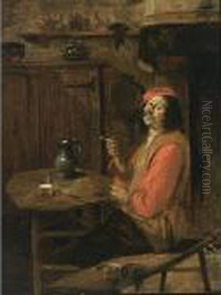 A Man Smoking A Pipe In An Interior Near A Fireplace Oil Painting by Abraham Diepraam