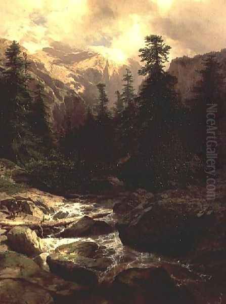 Souvenir of Rosenlaui, Switzerland, 1860 Oil Painting by Alexandre Calame