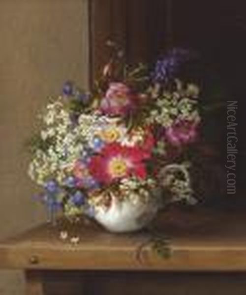 Still Life With Dog Roses, Larkspur And Bell Flowers In A White Cup Oil Painting by Adelheid Dietrich