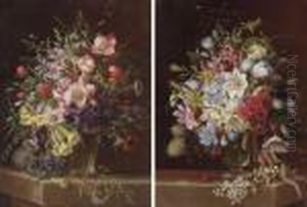 Floral Still Life: A Pair Of Works Oil Painting by Adelheid Dietrich