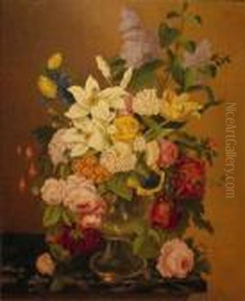 Floral Still Life In A Glass Vase Upon A Marble Ledge Oil Painting by Adelheid Dietrich