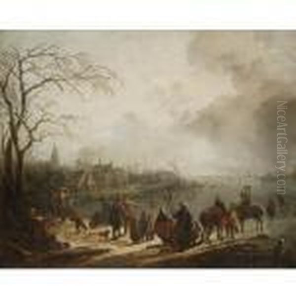 A Winter Landscape With A Sledge
 And Numerous Figures On A Frozen River, A Village Beyond Oil Painting by Christian Wilhelm Ernst Dietrich