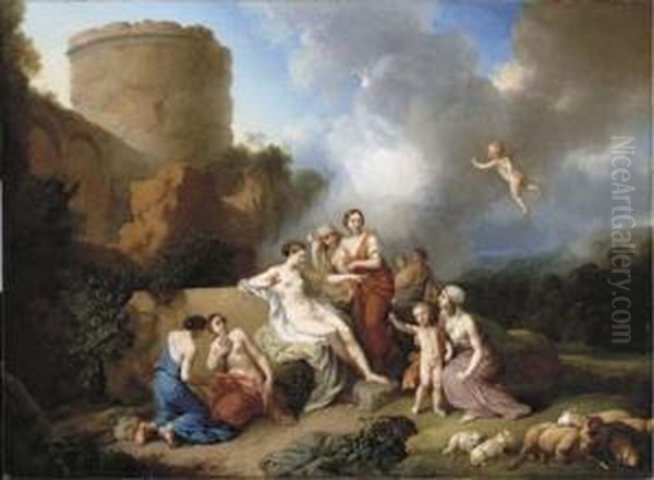 A Classical Landscape With Venus And Cupid, And Attendant Nymphs Oil Painting by Christian Wilhelm Ernst Dietrich