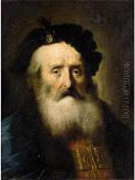 Portrait Of An Elderly Gentleman
 Wearing A Blue Fur Lined Cloak, A Gold Embroidered Red Jacket And A 
Black Hat Oil Painting by Christian Wilhelm Ernst Dietrich