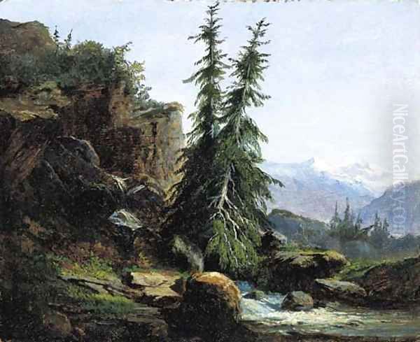 A view of the Swiss mountains of the Valais Oil Painting by Alexandre Calame