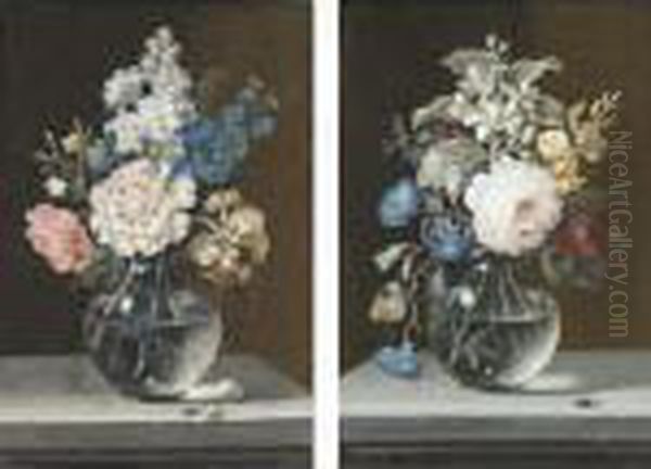 A Pair Of Still Lifes With 
Roses, Orange Blossoms, Convulvuli, Carnations, And Anenomes, In Glass 
Vases With Insects Oil Painting by Barbara Regina Dietzsch