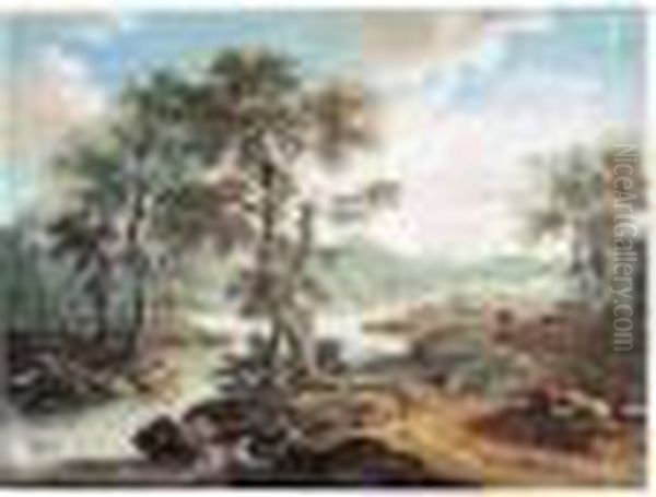 Italianate River Landscape With A Duck Hunter Oil Painting by Johann Christoph Dietzsch