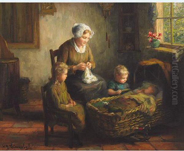 Mother And Children In An Interior Oil Painting by Hendricus Anthonius Dievenbach