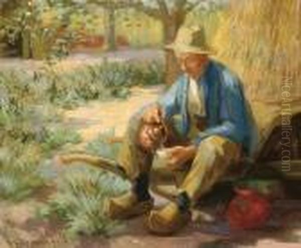 A Farmer Drinking Tea Oil Painting by Hendricus Anthonius Dievenbach