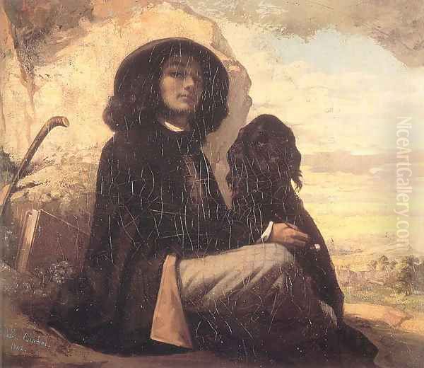 Self Portrait (or Courbet with a Black Dog) Oil Painting by Gustave Courbet