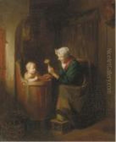 Playing With Baby Oil Painting by Hendricus Anthonius Dievenbach