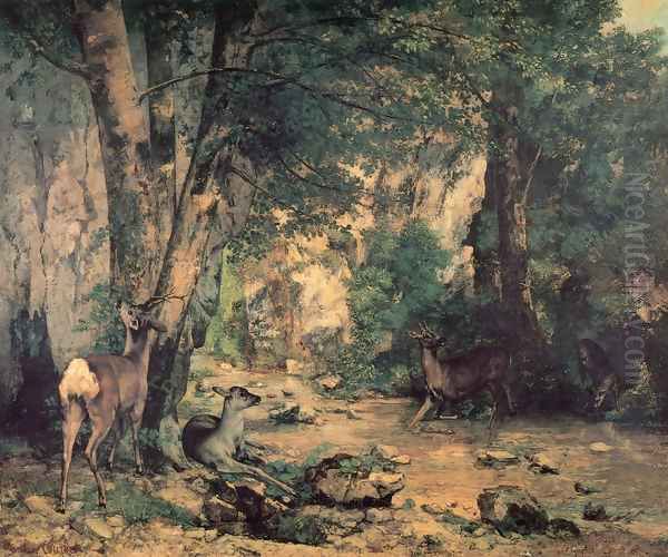 A Thicket of Deer at the Stream of Plaisir-Fountaine Oil Painting by Gustave Courbet