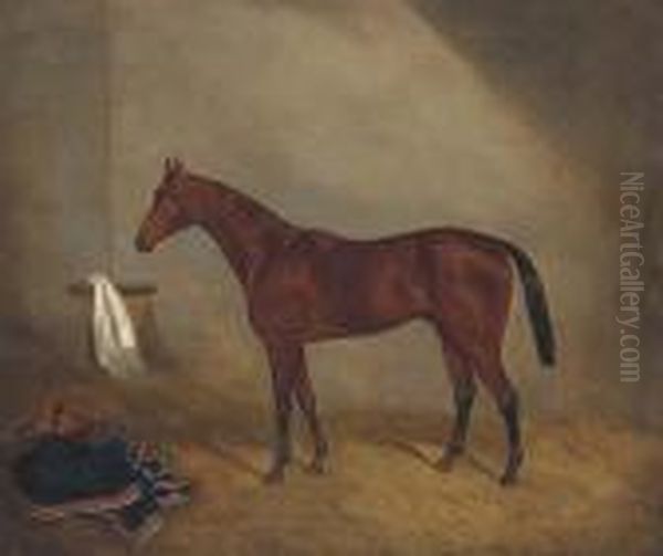 A Bay Racehorse In A Stable Oil Painting by Joshua Dighton