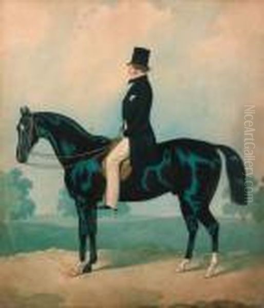 A Gentleman Seated On A Black Horse Oil Painting by Joshua Dighton