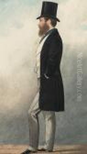 A Gentleman, Full-length, 
Profile To The Left, Wearing Black Coat, Grey Trousers, Cream Waistcoat,
 Checked Cravat And Top Hat Oil Painting by Richard Dighton