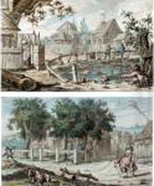 The Village Pond, Young Boys 
Encouraging A Dog To Chase Ducks; And Kite-flying Near A Village Oil Painting by Robert Dighton